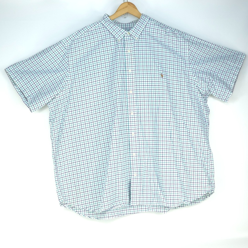 Ralph Lauren Button Down Shirt Men 4XB Blue Check Short Sleeve Flesh Pony Preppy